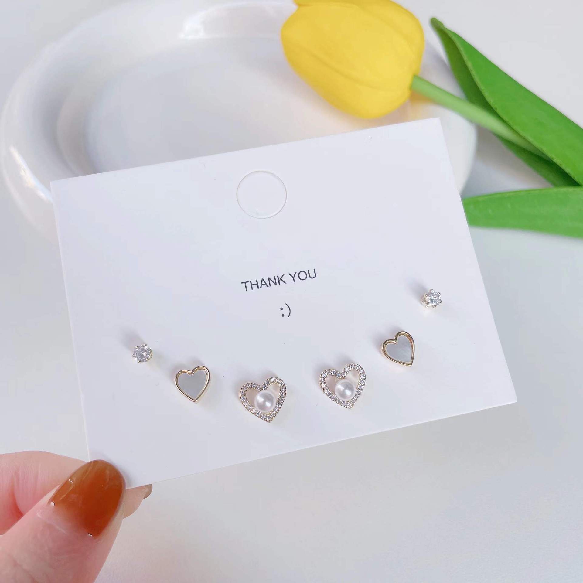 Picture of [Three Pairs] Pearl Love Earrings Set 925 Silver Exquisite Small Earrings Women's Korean Style Design Sense Earrings