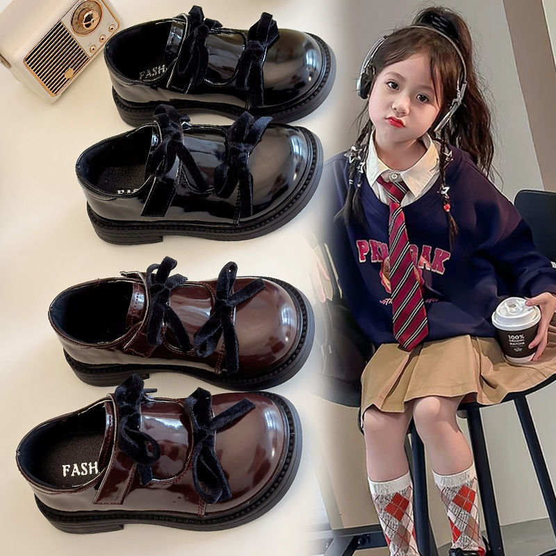 Girl's Fashion Bow Small Leather Shoes 2025 Spring New Children's All-match Single-layer Shoes Girl's Western Style Loafers