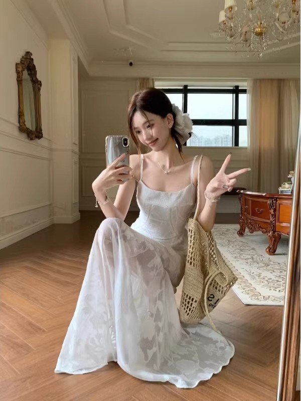 Picture of 2025 Summer New French Style Fresh Sweet Sling dress Women's Seaside Vacation Wear Mid-Length Skirt with Tight Waist