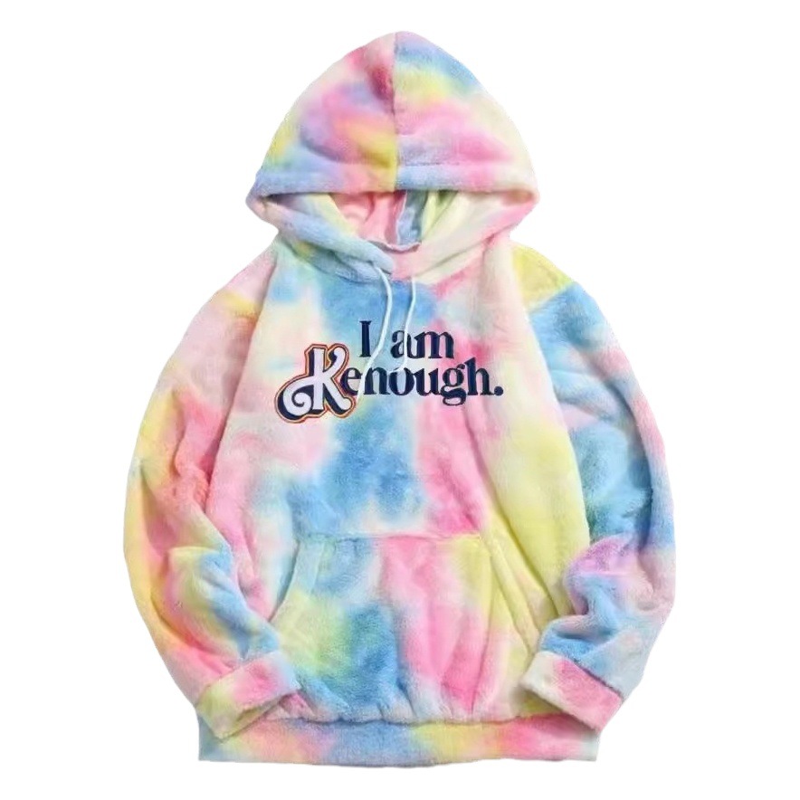 2023 autumn and winter new personalized street tide lamb fleece lazy wind loose tie dye "I am Kenough" even