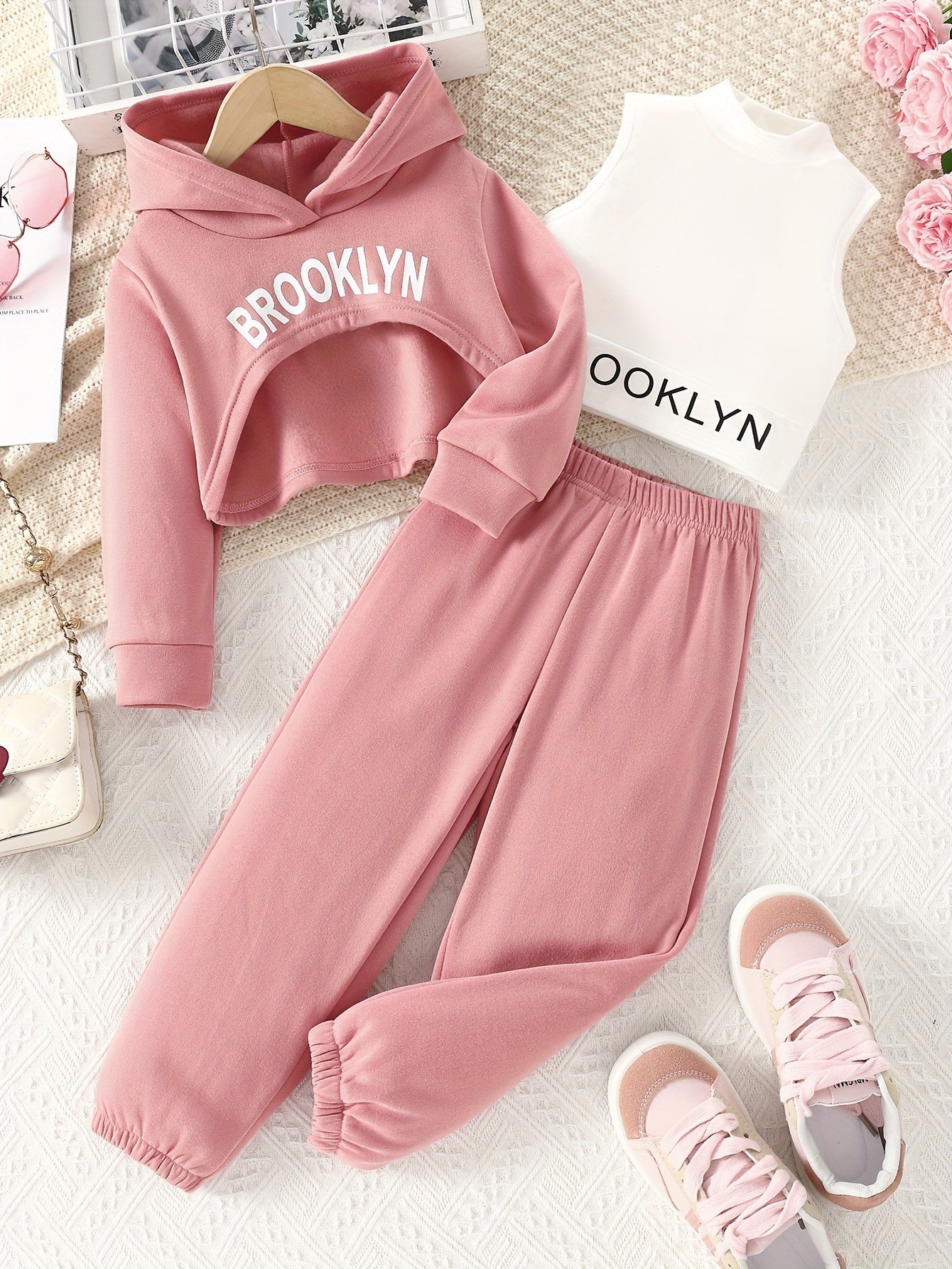 Picture of Spring and Autumn European and American Girls College Style Sweatshirt Sweet and Hot High Neck Vest Stacked Bottoming Pants Letter Printed Three-Piece Set