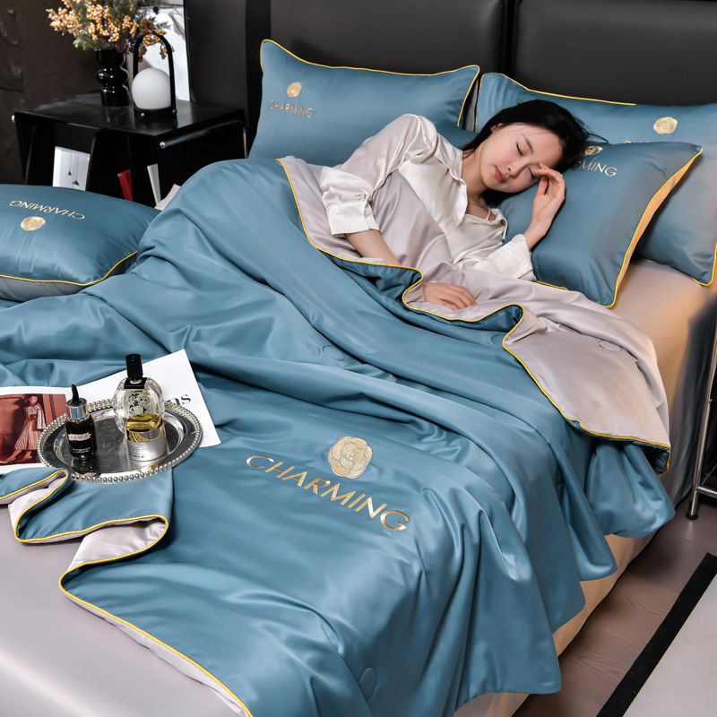 Picture of Class A Washed Ice Silk Summer Quilt Four-piece Set Summer Cool Quilt Nude Sleeping Embroidered Air-conditioning Quilt Cool Silk Summer Thin Quilt
