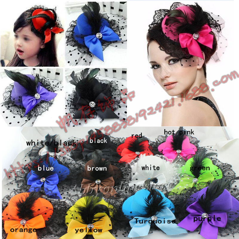 Korean Style Performance Feather Lace Bow Small Top Hat Large Feather Headwear Internet Celebrity Hairpin Hairpin Rhinestone Hairpin