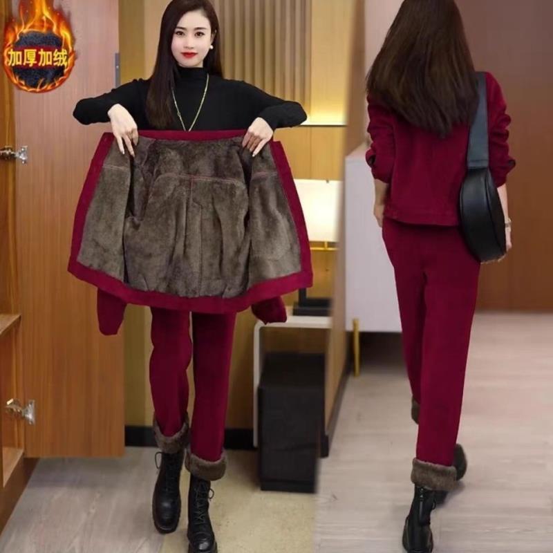 Winter fleece-lined Thickened suit Women's Fashionable New 2024 Foreign Elegant Loose Slimming Small Casual Two-piece Set