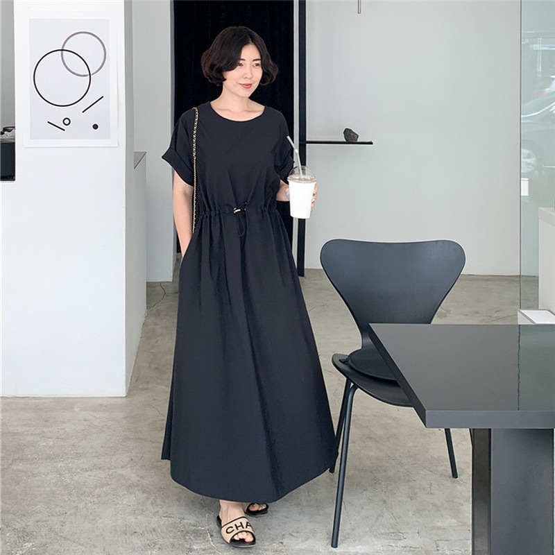 Hepburn Style Black Drawstring dress Women's Summer New Korean Style Loose Slimming Short-sleeved Tight Waist Casual Long Skirt