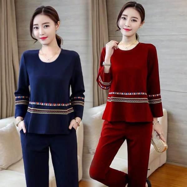 Cross-border women's plus size fall suit new chubby girl long-sleeved trousers belly covering fashion two-piece suit