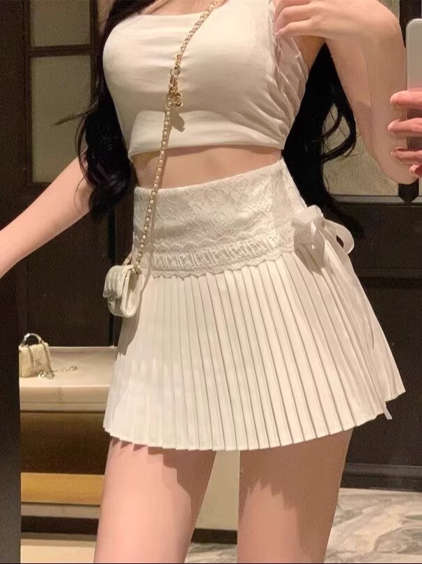 Niche Design Pure Desire Cake Skirt Women's Spring and Summer New High Waist Lace Stitching Lace-up Sweet Pleated Short Skirt