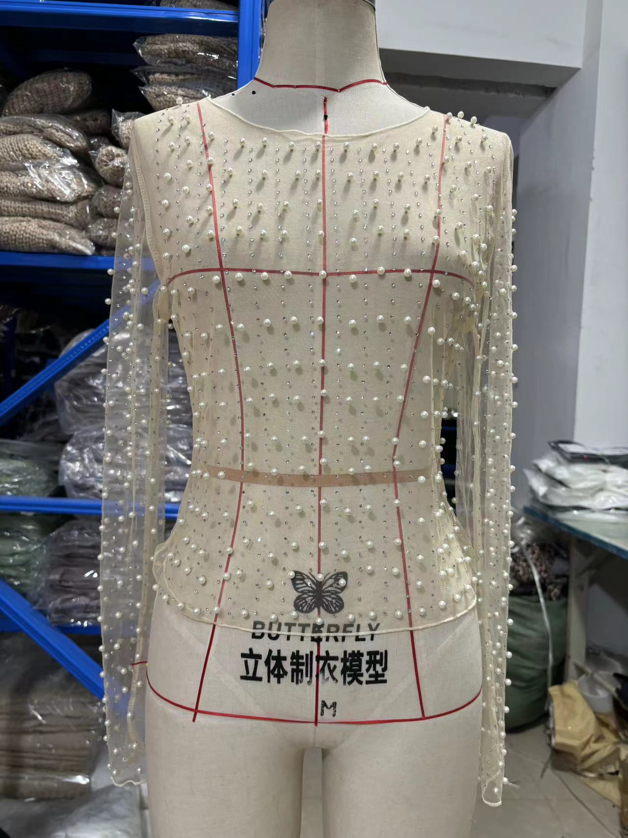 Picture of 2023 AliExpress Amazon spring and summer new hot rhinestone Pearl top elastic round neck mesh slimming heavy work transparent