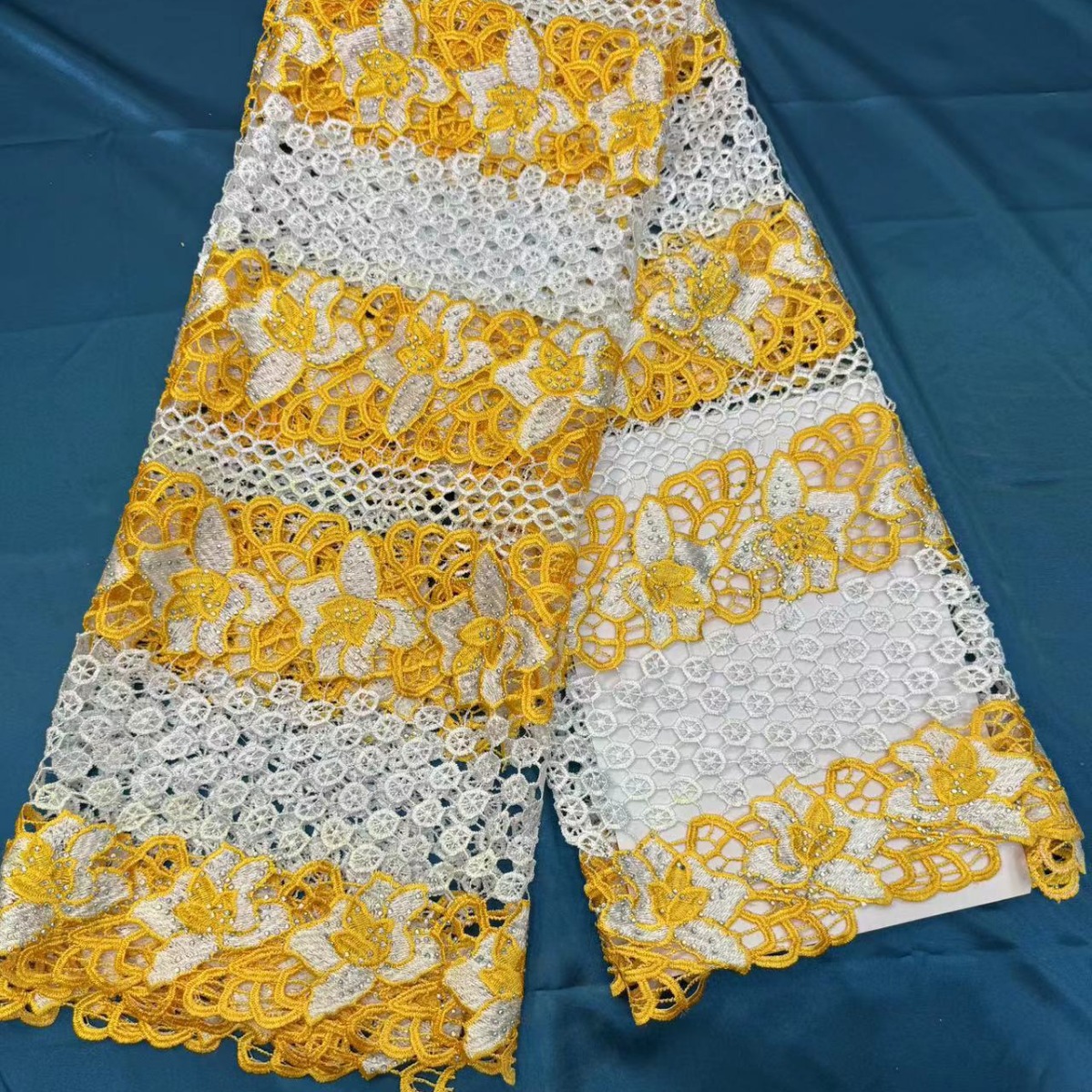 African Cross-Border Polyester Two-Tone Rhinestone Water-Soluble Lace Full-Width Lace Hollow-Out Dress Half-Skirt Fashion Fabric