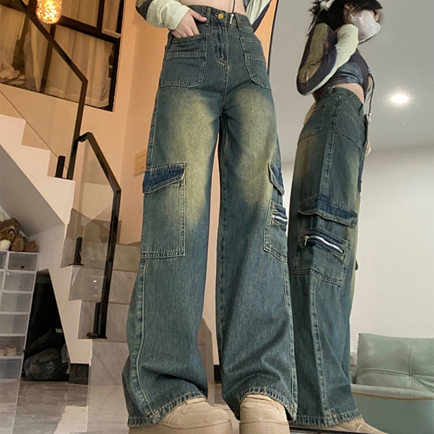 2025 New American Style Wide Leg Jeans High Street Tooling Jeans Women's Loose High Waist Straight Leg Wide Leg Pants