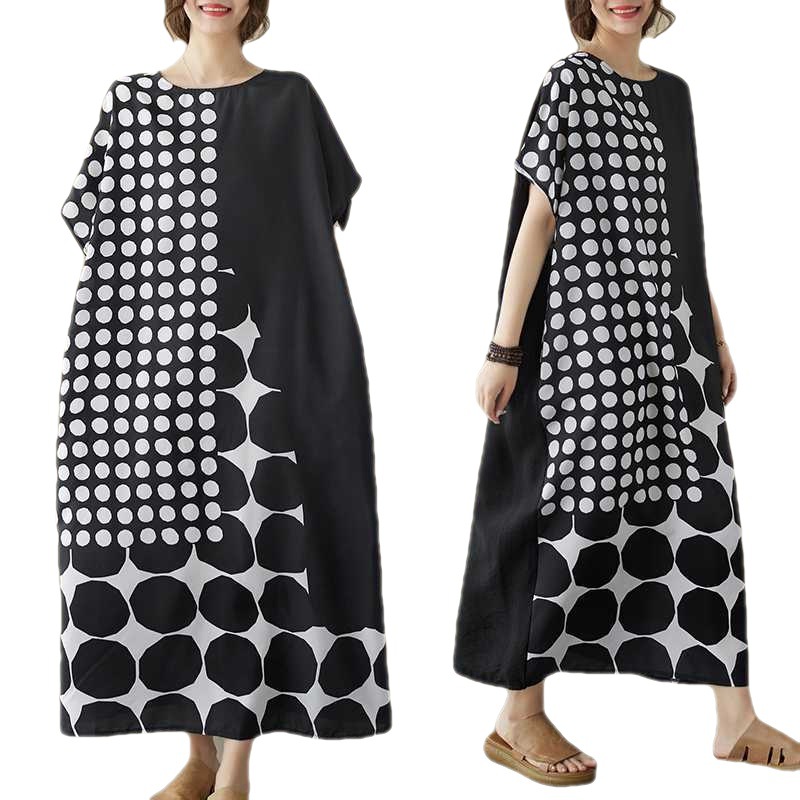 Picture of 2023 Summer New Artistic Size Wave Dot Stitching Printing plus size Short-sleeved Robe dress