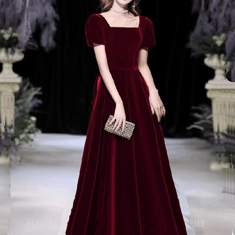 Picture of Velvet evening dress butterfly high-end 23 new long high-end host female art exam banquet temperament short sleeve dress