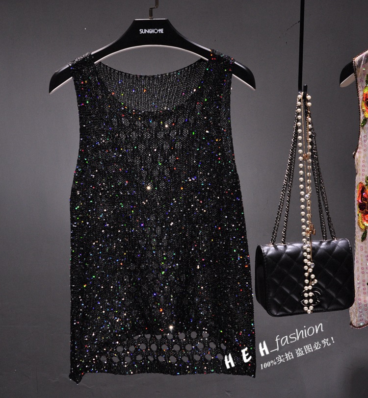 Picture of Summer New Beaded Sparkling Sequins Hollow Thin Sleeveless Sweater Front Short Back Long Vest T-shirt Top Women