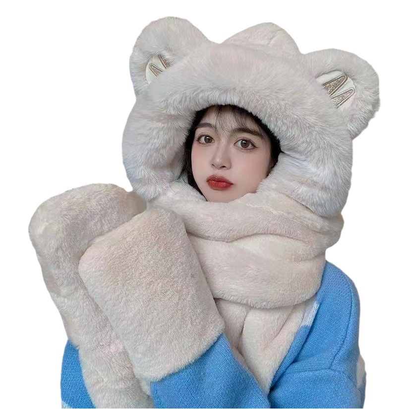 Autumn and winter 2024 new cute bear hat girls scarf gloves one rabbit fur ears warm three-piece set
