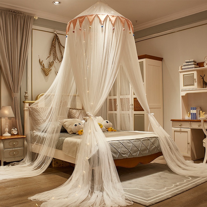 2023 new cross-border foreign trade dome mosquito net three-door installation-free floor Princess wind round ceiling pattern net
