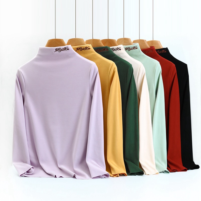 Embroidered Letter Mock Collar Double-Sided Velvet Base Shirt Women's Autumn and Winter Inner Thickened Long-Sleeved T-Shirt Top for Outer Wear