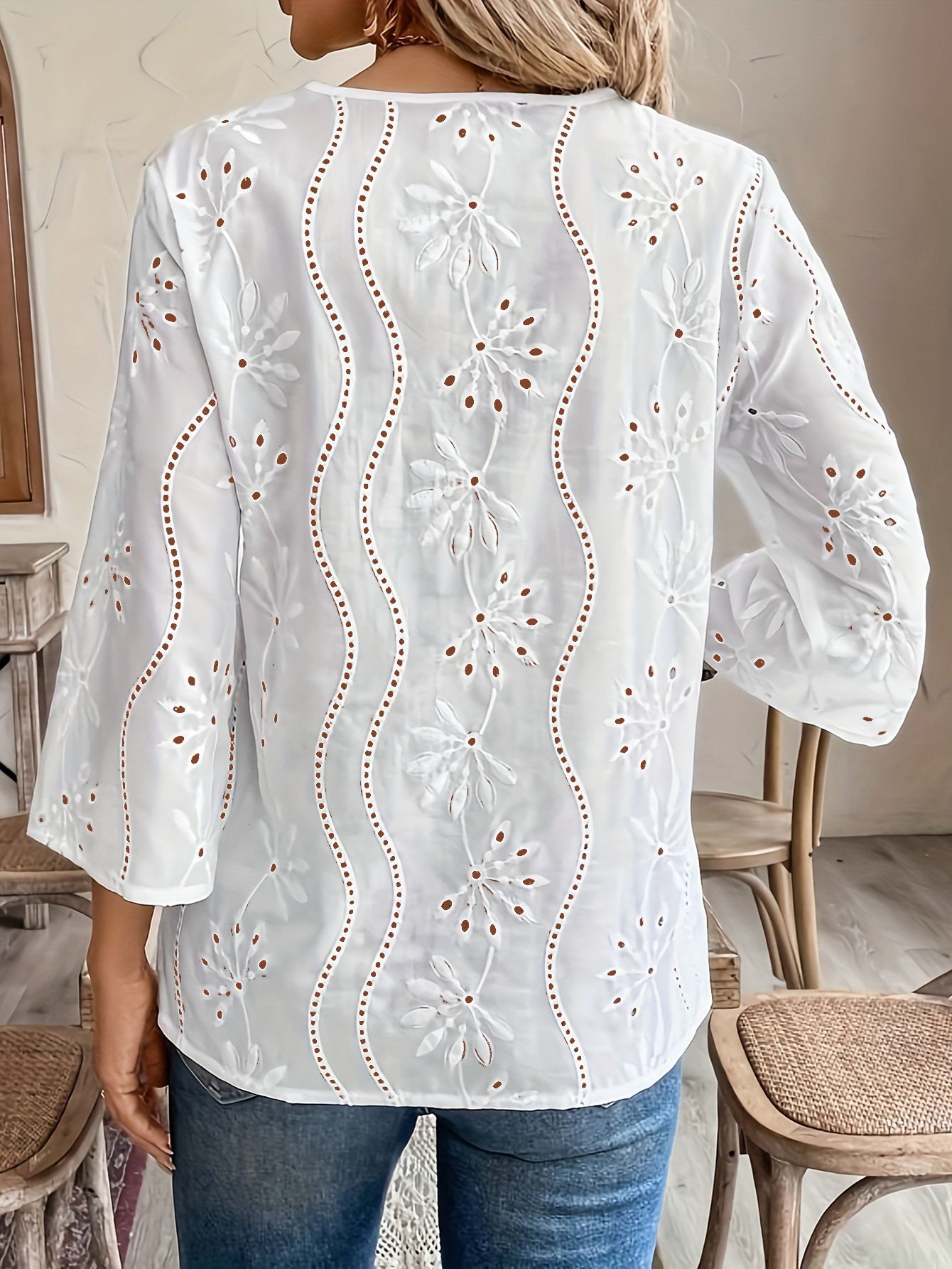 Picture of European and American Cross-border Autumn New Loosen V-neck Elegant Commuter Embroidered Horn Sleeve Lace Top Chiffon Shirt