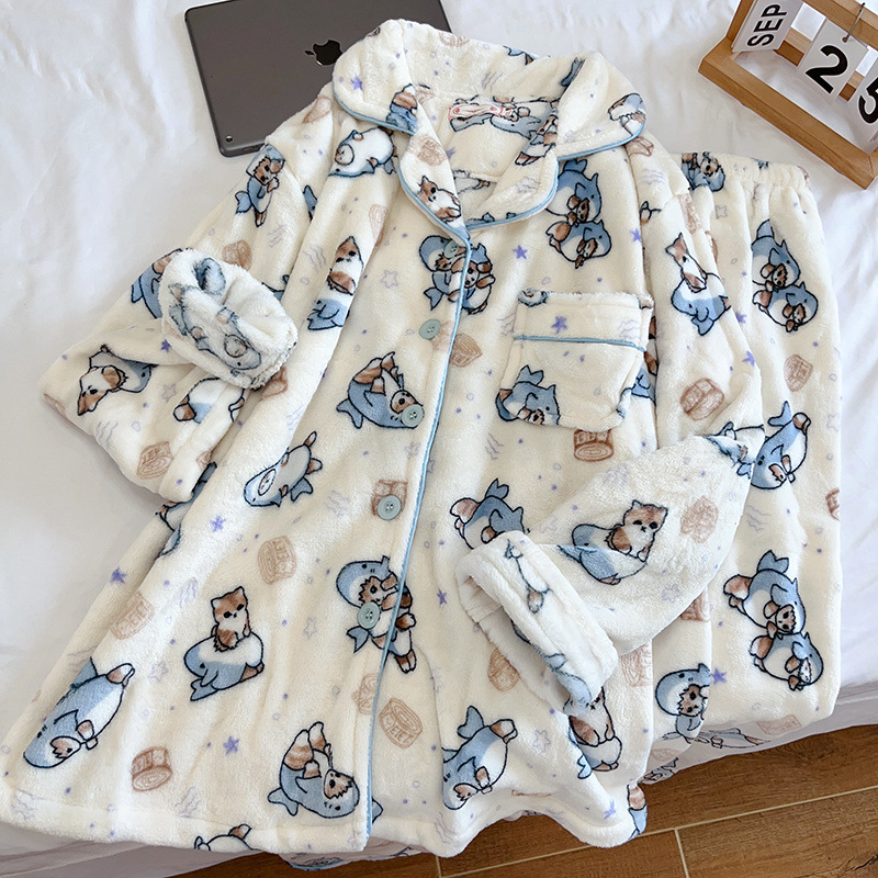 Japanese Style Fresh Shark Cat Pajamas Women's Long Sleeve Spring and Autumn Cute Shark Cat Flannel Home Clothes