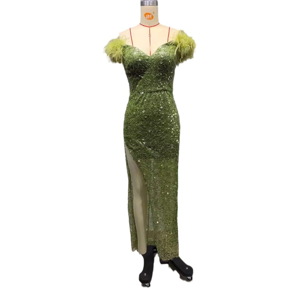 European and American fashion new sexy off-the-shoulder off-neck feather green sequins light luxury dinner party evening dress