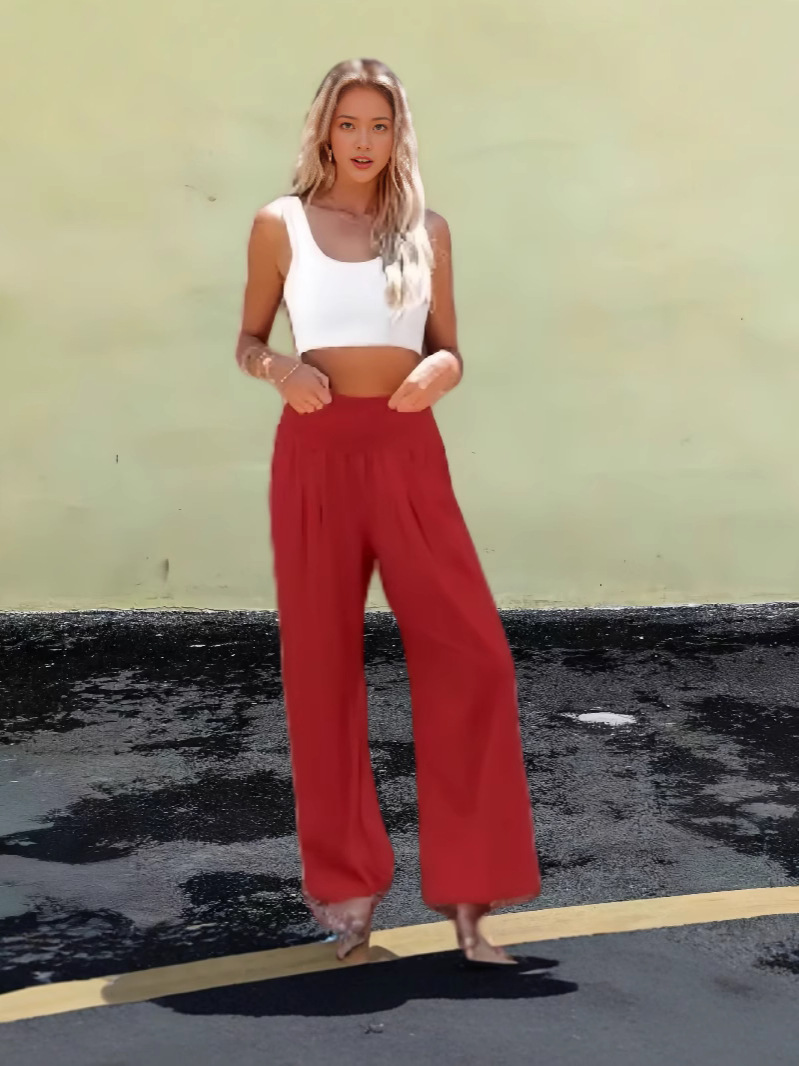 Cross-border independent station Amazon 2024 spring and summer women's cotton and linen solid color elastic waist wide leg pants casual pants pants