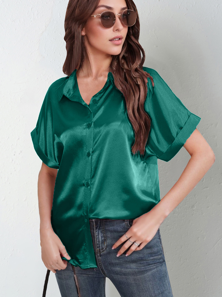 Picture of 2025 European and American Amazon Cross-Border Satin Shirt Short-Sleeved Satin Button Shirt Casual Loose Top for Women in Stock