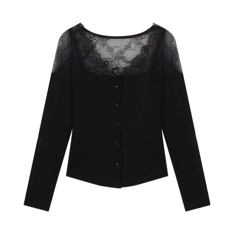 Picture of Black Lace Stitching Long-sleeved Knitwear Women's Autumn and Winter Sexy Pure Slim-fit Short Top Inner Base Shirt