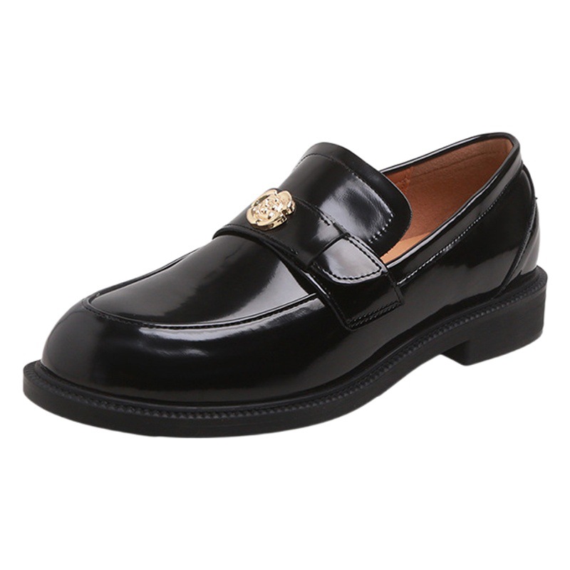 Grape Mom's Same Style Small Gold Buckle Thick-Soled Flats Genuine Leather Round Toe Slip-On Thick Heel Loafers Small Leather Shoes for Women in Autumn and Winter