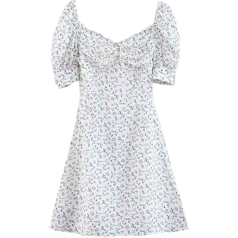 Dress for Women Spring and Summer New Style Lace-Up Puff Sleeves Slimming Waist Sexy Floral Skirt Foreign Trade Women's Clothing Trendy Wholesale
