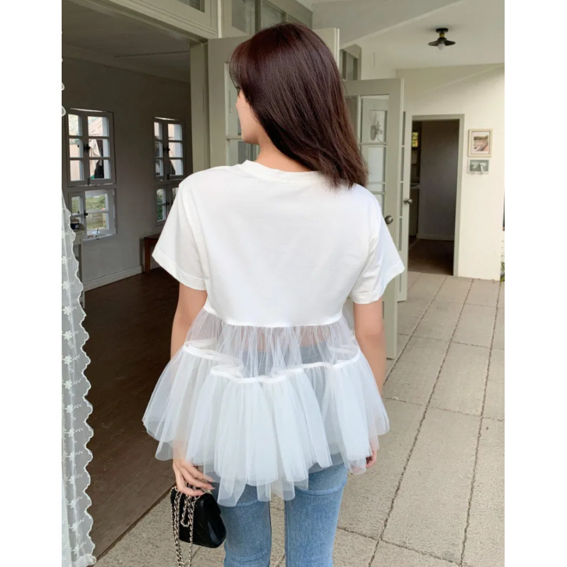 In-Stock Cross-Border Japan and Korea 2025 Summer New Fashion Versatile Round Neck Spliced Mesh Short-Sleeve T-Shirt Women's Top