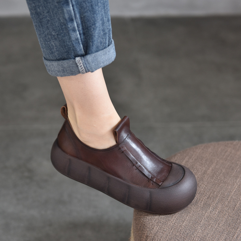 Retro Casual Handmade Shoes Genuine Leather Toe-Toe Thick-Soled Women's Shoes Full Cowhide Low-Top Deep-Mouth Shoes