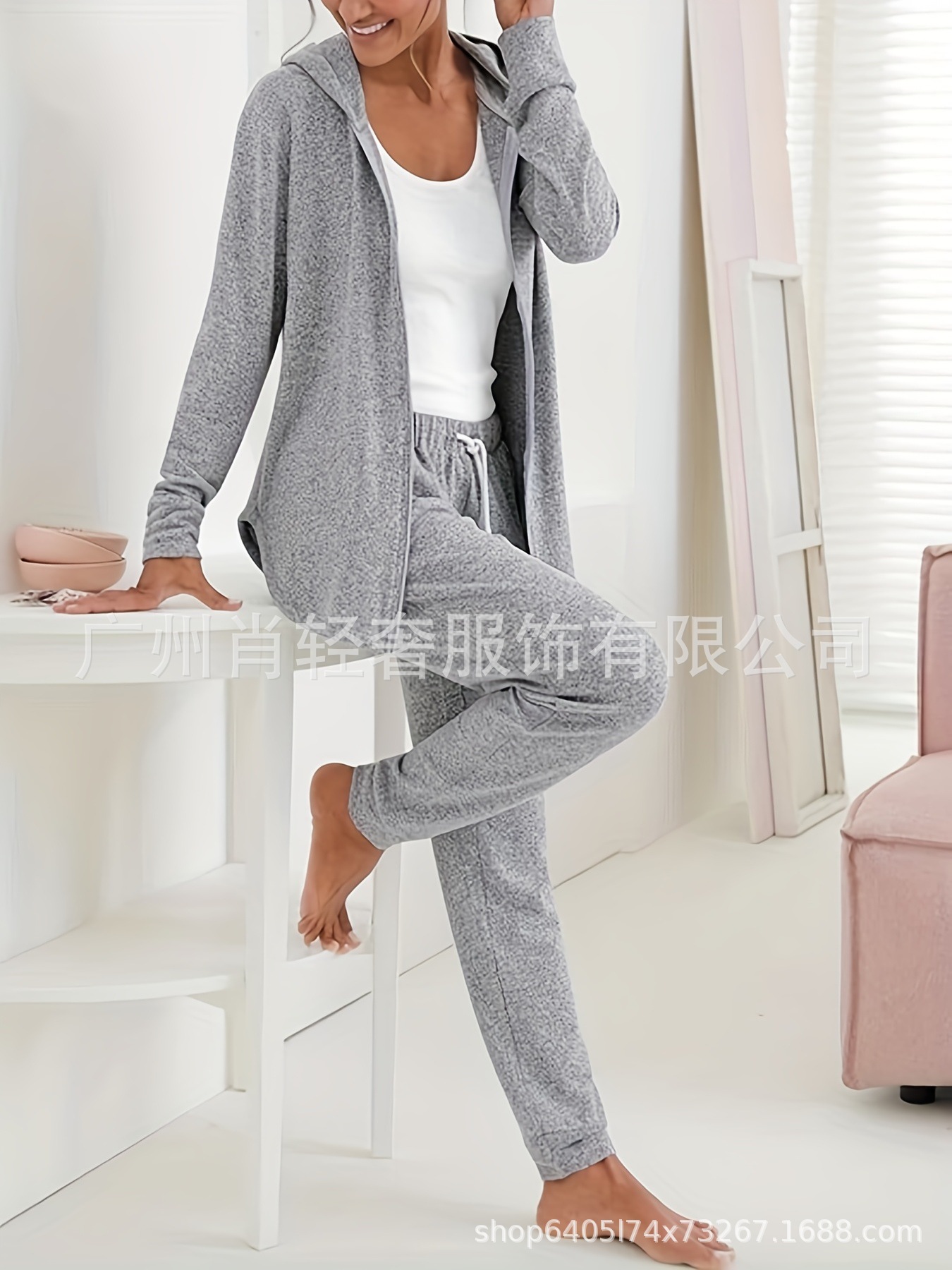 European and American trade casual loose zipper hooded light jacket pants suit (2 pieces)