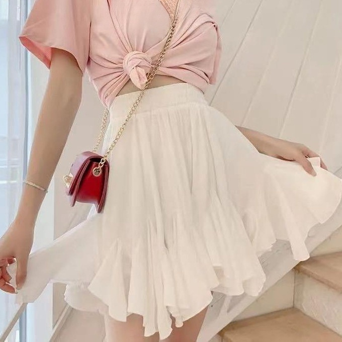 Pleated skirt women's ruffled skirt new summer women's versatile slimming high waist fluffy A- line skirt