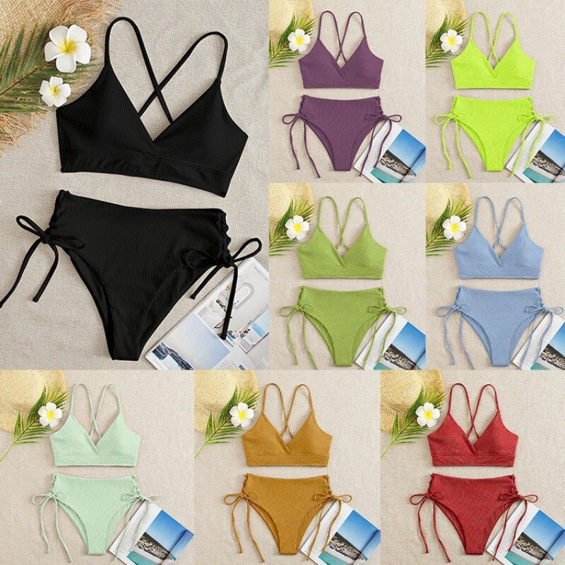 2024 New European and American Solid Color Split Swimsuit Women's Sexy Backless Strap Bikini Amazon Foreign Trade Bikini