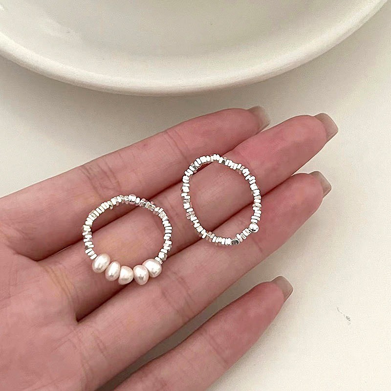 Fashion New Irregular Pearl Ring with Crushed Silver for Women, Versatile Niche Design Jewelry Ring Trendy