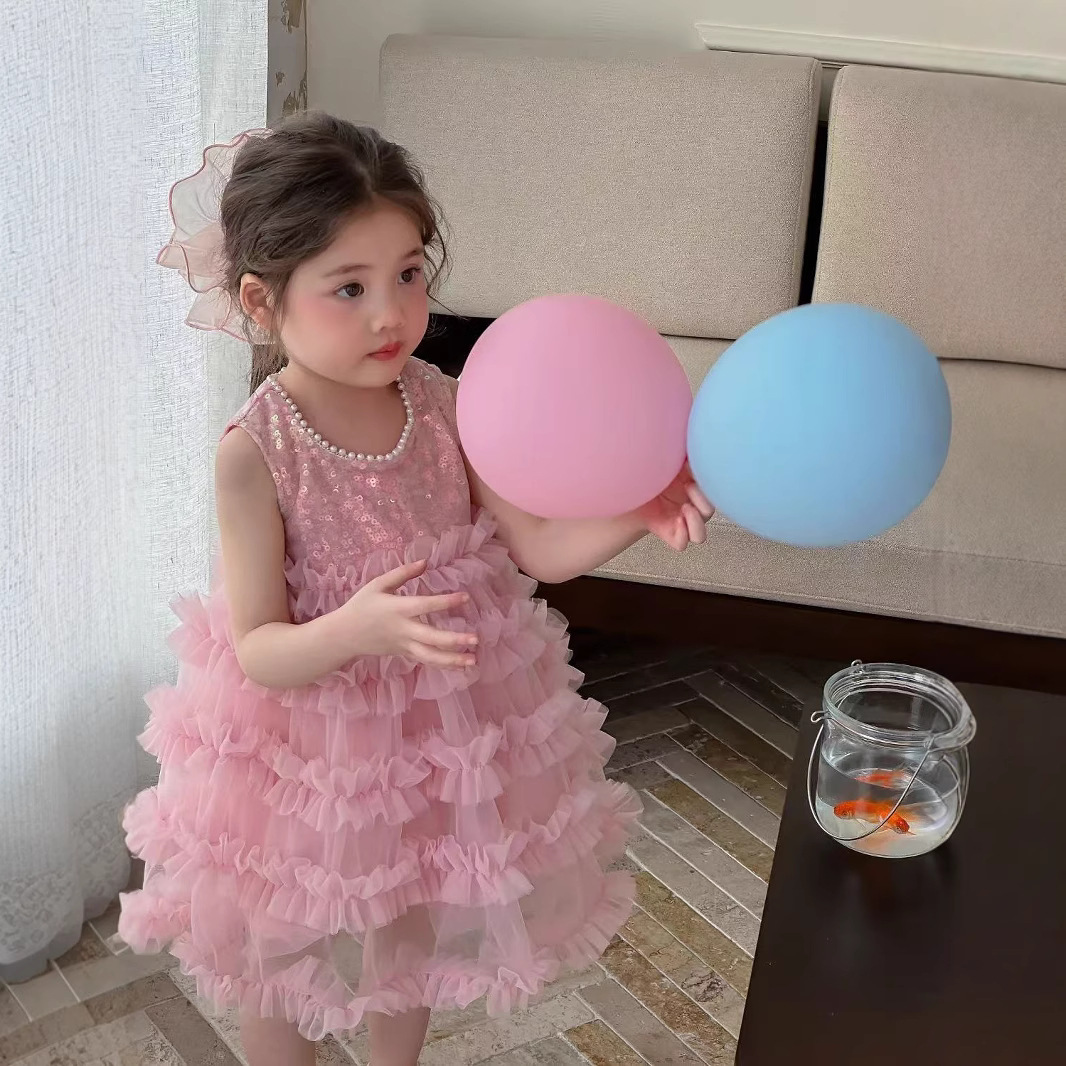 [Ready Stock and Shipped in Seconds] Girls Dress Summer 2025 New Style Little Girl Sequin Vest Dress