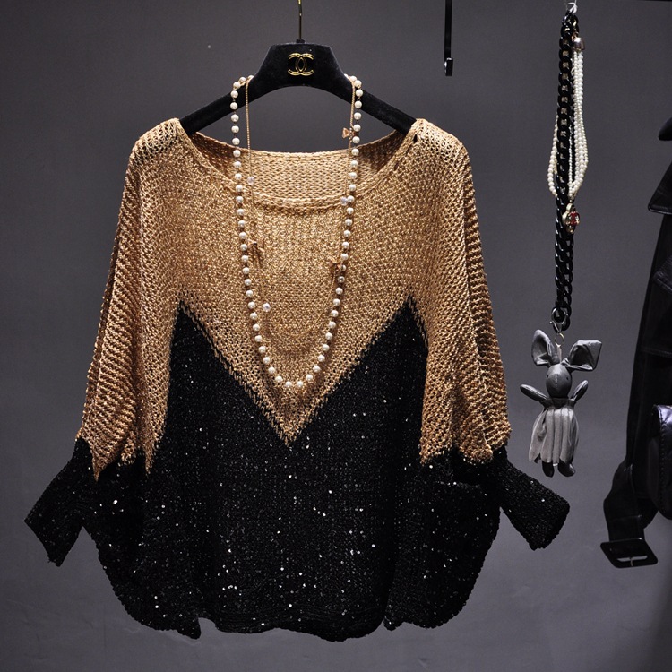 European Station Autumn and Winter New Sequin Sweater Women's Pullover Loose Cape Bat Shirt Hollow Crewneck Sweater for Women