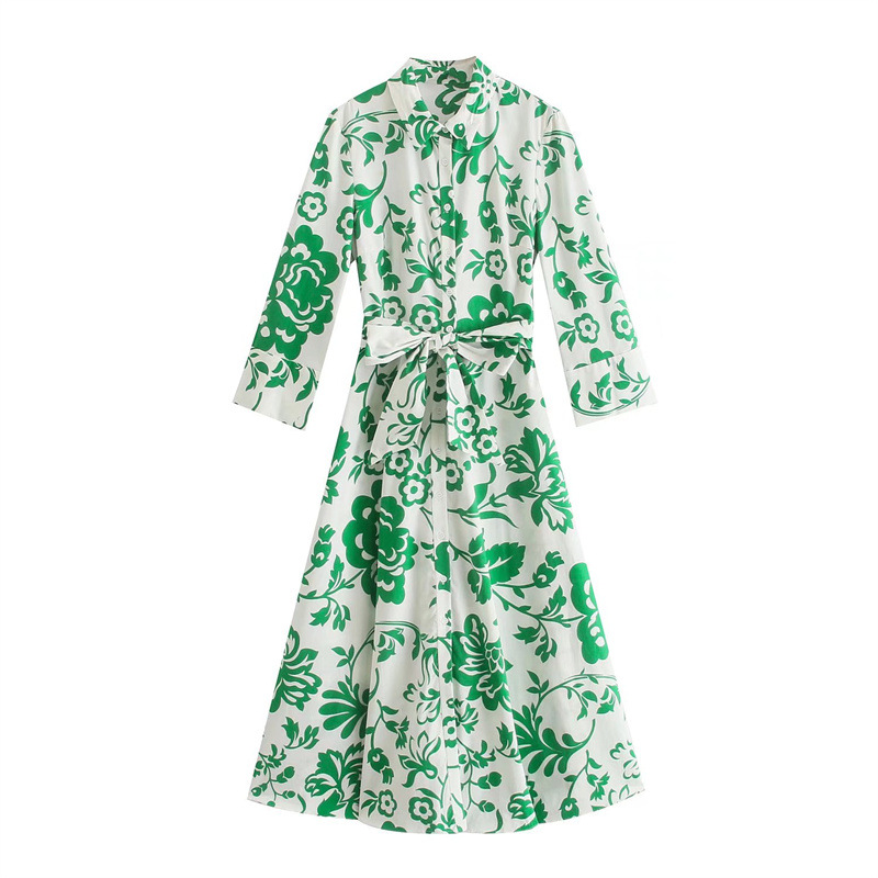 Cross-border foreign trade European and American women's clothing wholesale 2022 summer new shirt dress printed with belt cardigan jumpsuit dress
