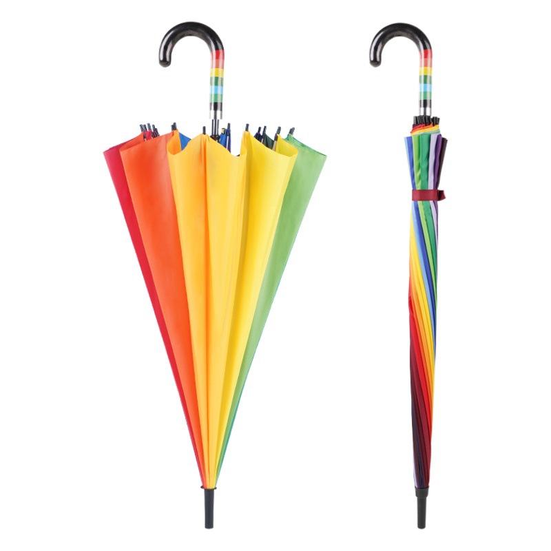 Large Rainbow Umbrella Hot Sale 16 Bone Curved Handle Straight Handle Umbrella Umbrella Long Handle Umbrella Advertising Printed logo Black Glue Umbrella