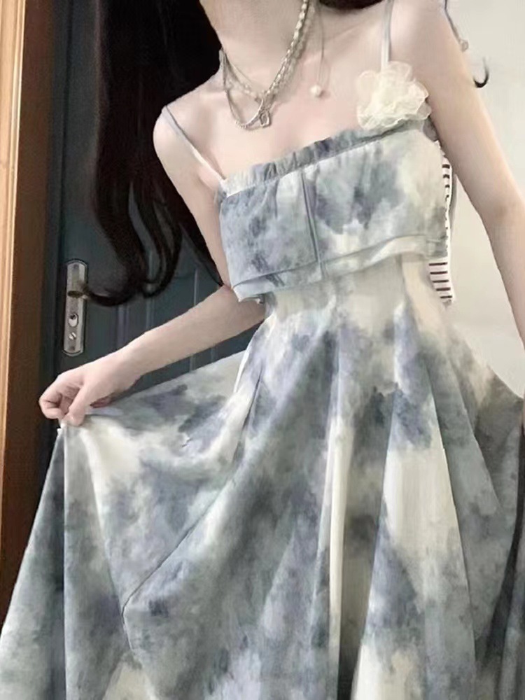 Picture of Retro ink painting chest-wrapped sling dress women's 2023 summer tea break off-neck high waist elegant sweet dress
