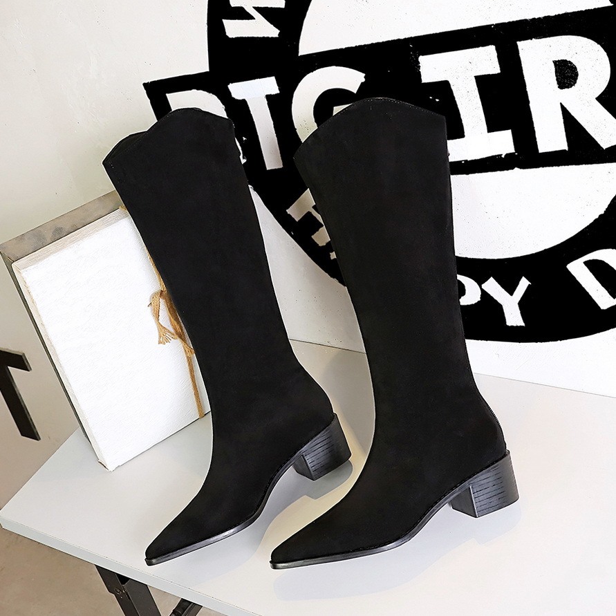 578-7 European and American Style Banquet High Boots Suede Middle Heel Thick Heel Fashion Simple Joker High Boots for Women Knight Boots