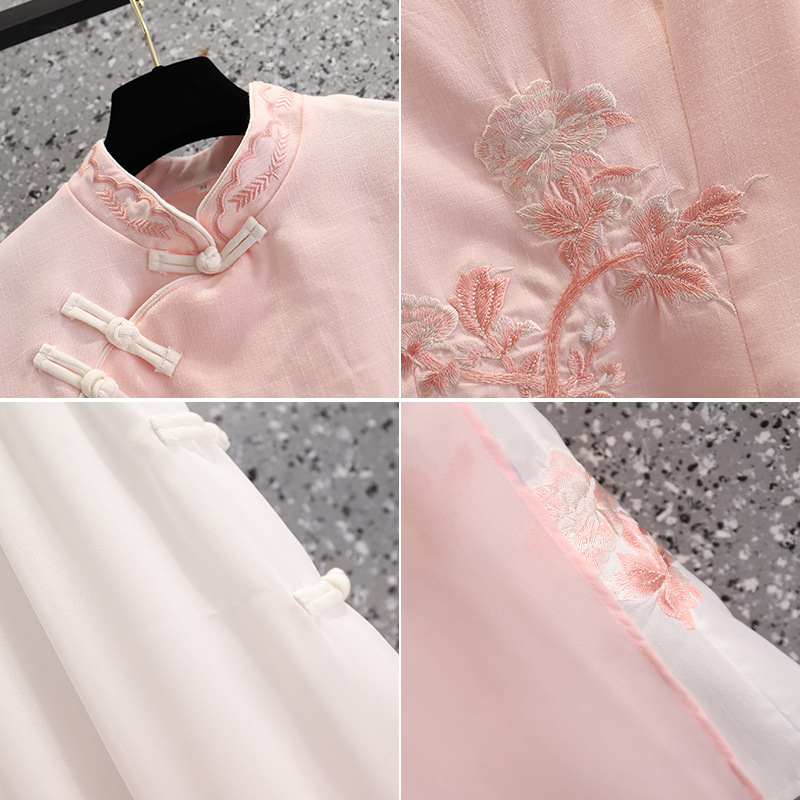 Picture of Vintage Chinese Top Set Large Size Chinese Style Seven-point Sleeve Cheongsam Peony Embroidered Gradient Pants Two-piece Set