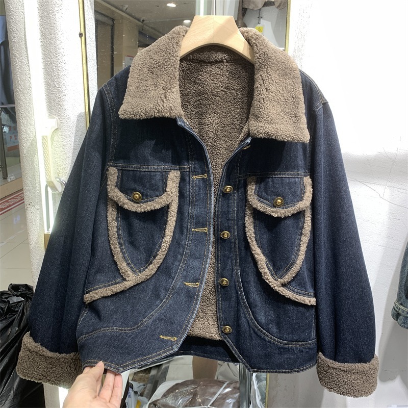 fleece-lined Denim Coat Women's Hong Kong Style Jacket 2024 Winter New High Waist Short Lamb Wool Inner Pike Top
