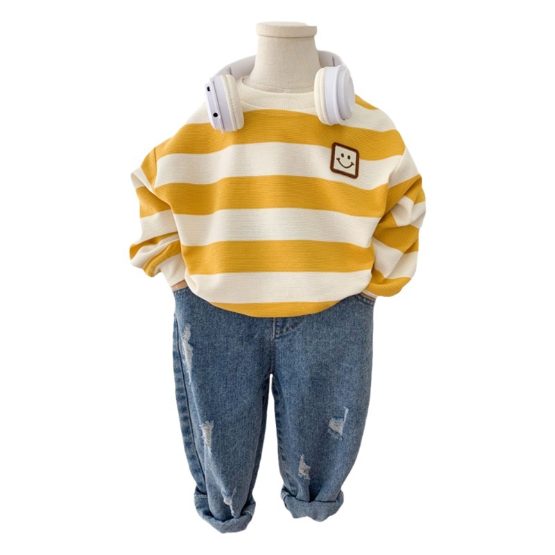 Boys' Autumn Sweatshirt Autumn 2023 New Children's Clothing Baby's Western-style Striped Top Crewneck Pullover T-shirt