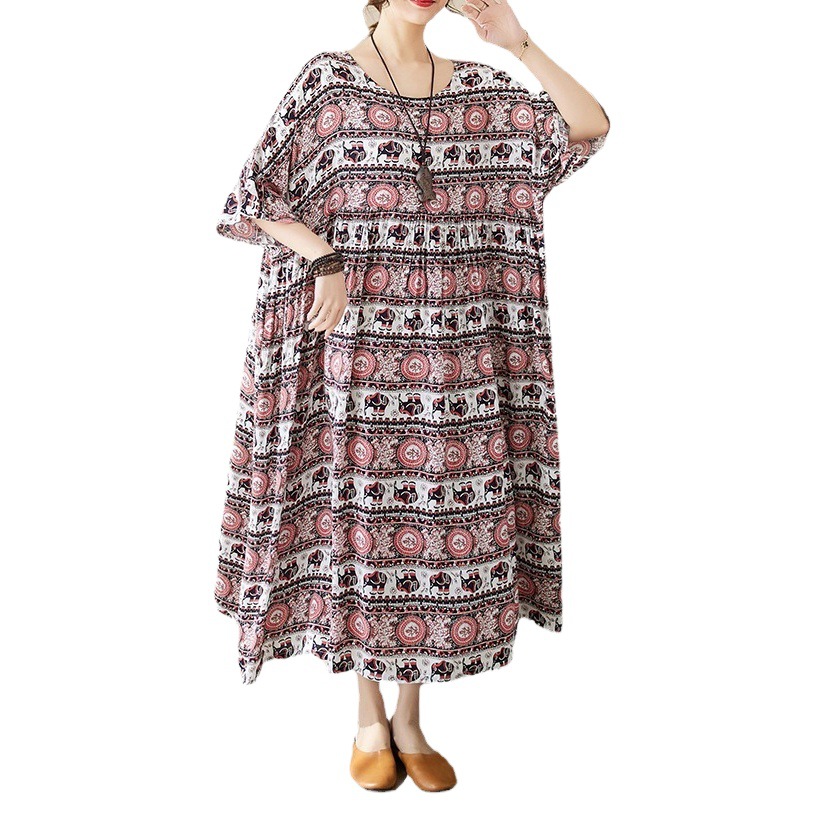 Foreign Trade New Retro Casual Summer Literary Large Size Extra Large Extra Wide Long Skirt Printed Round Neck Short-Sleeved Dress