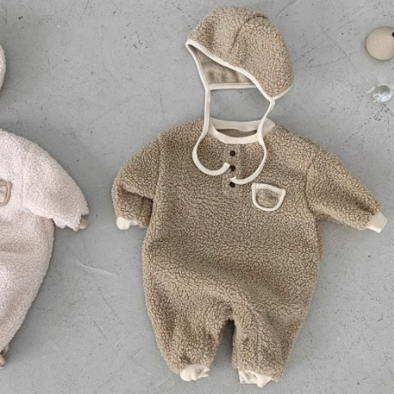 Picture of Ins Korean Style Baby Boys and Girls Winter Clothes New Style Jompsuit Cute Rabbit Ear Lamb Wool Hooded Climbing Clothes for Going Out