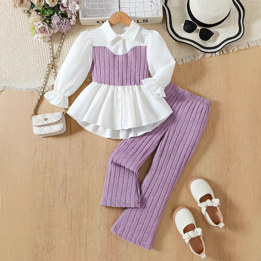 Cross-border Girls suit Pink Knitted Vest Stitching Lace Shirt Woolen Striped Trousers Children Two-piece suit