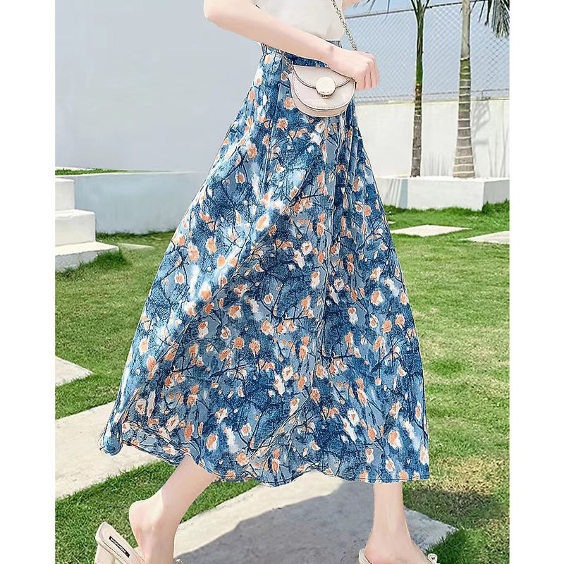 Foreign Trade 2024 Summer New Blue Oil Painting Style Floral Waist Vintage Skirt Commuter Skirt Slimming All-match