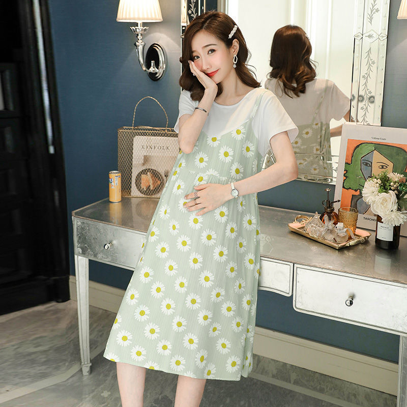 Pregnant Women's Summer Dress Fashion Casual Pregnant Period Crewneck Mid-length T-shirt Dress Loose plus size Pregnant Mother's dress Fashion