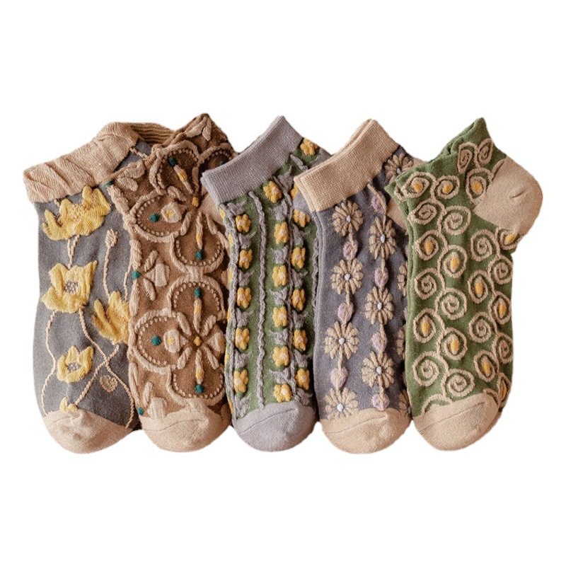 Vintage Boat Socks Women's Socks 24 Spring and Summer New Arrival Shallow Mouth Don't Fall off Socks Cotton Embossed Japanese/Korean Court Style Socks