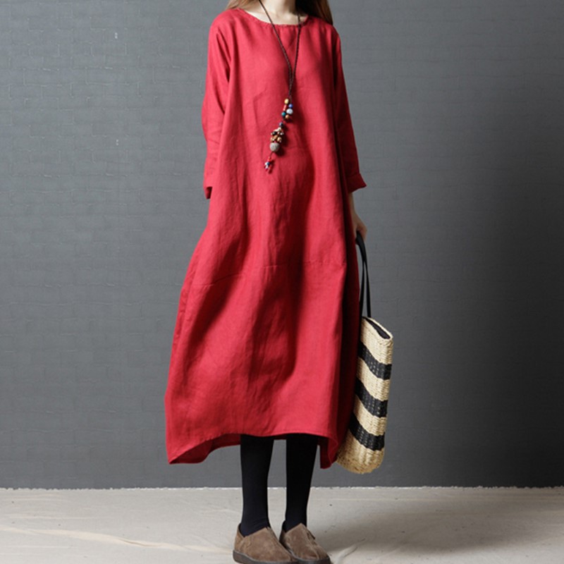 2024 New Women's Dress Korean Style Loose Large Size Cotton and Linen Long Sleeve Round Neck Long Dress